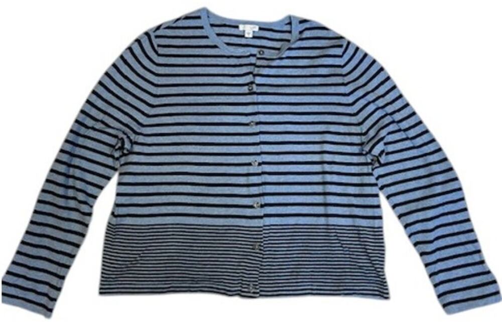 J. JILL Women's Stripe Crewneck Cardigan Size XL Blue Black Cotton Bamboo Blend